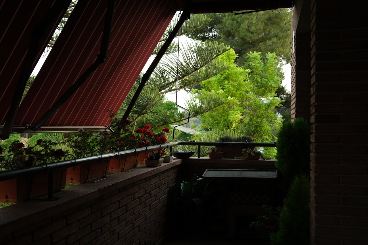 A scenic balcony view featuring potted plants and a lush canopy, perfect for relaxation.